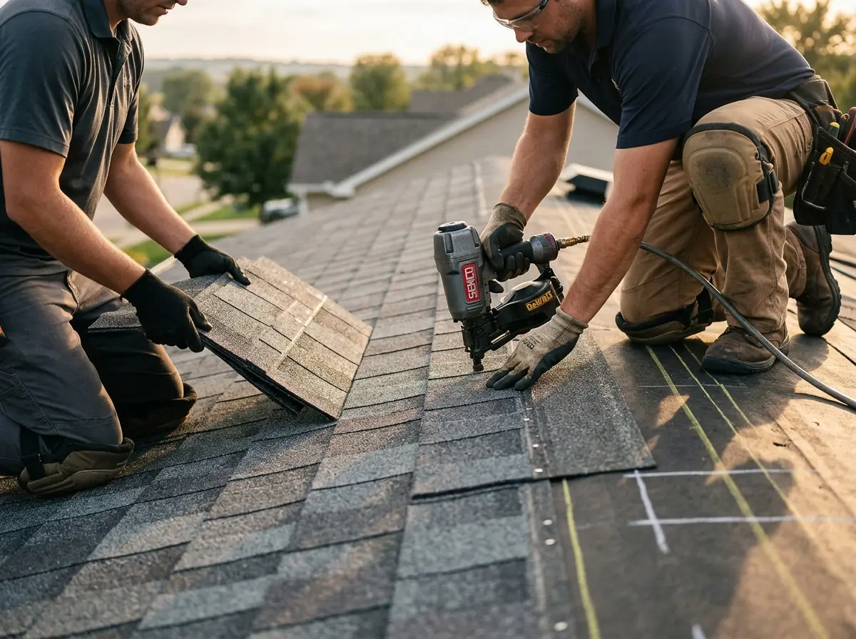 Professional roofer working on a residential roof in Calhoun